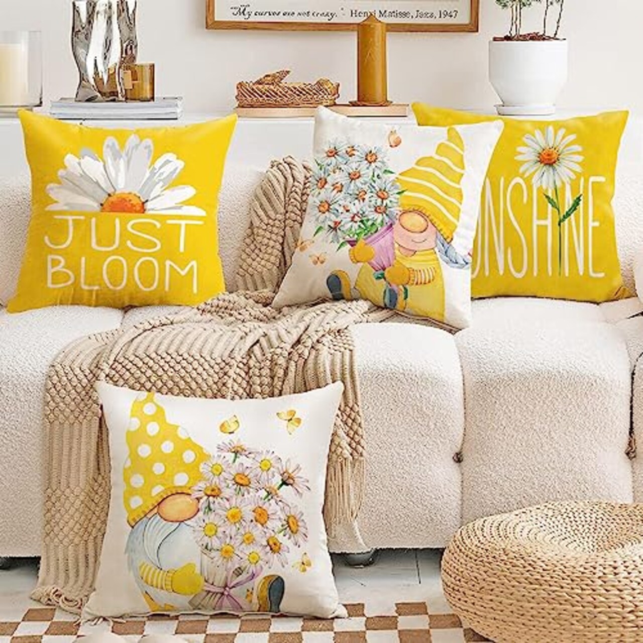 Outdoor Yellow Throw Pillow Covers 18x18 Set of 4 Spring Summer Decorative Cushion Cases Home Décor Decorations for Patio Couch Chair Sofa,Daisy Floral Gnomes